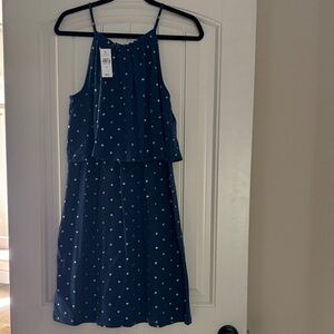 LOFT Navy Polka Dot Midi Dress